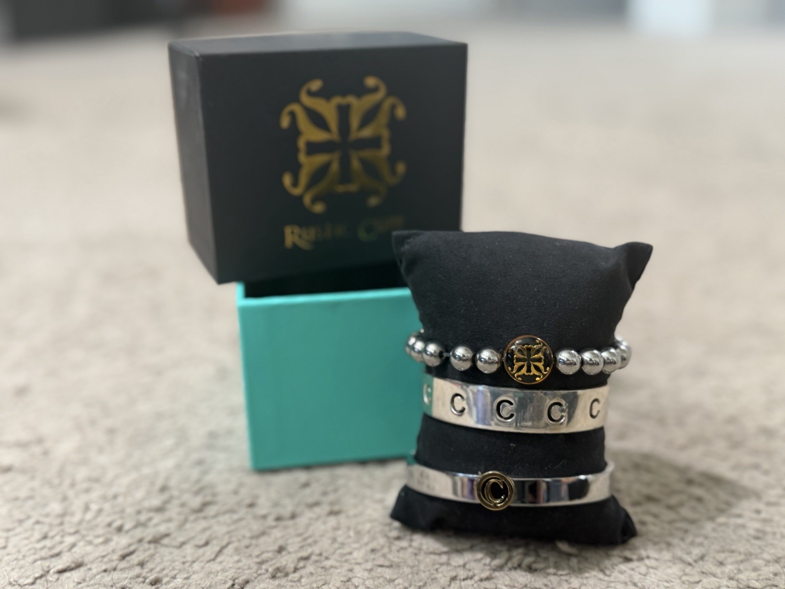 Rustic Cuff Beaded Bangle Cuff Bracelet Set Silve… - image 1