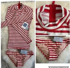 NWT J. Crew Long Sleeve Rash Guard Set UPF 50 Red/ Ivory Stripe Swimwear