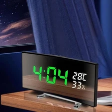 Curved Mirror Digital LED Large Alarm Clock Snooze Temperature NightMode Battery