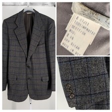 Perry Ellis Vintage Blazer 44 Scottish Wool Tweed Windowpane Plaid Gray USA