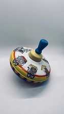 Vintage Tin Spinning Top Toy Circus Animals Train Wheels Blue Handle Used