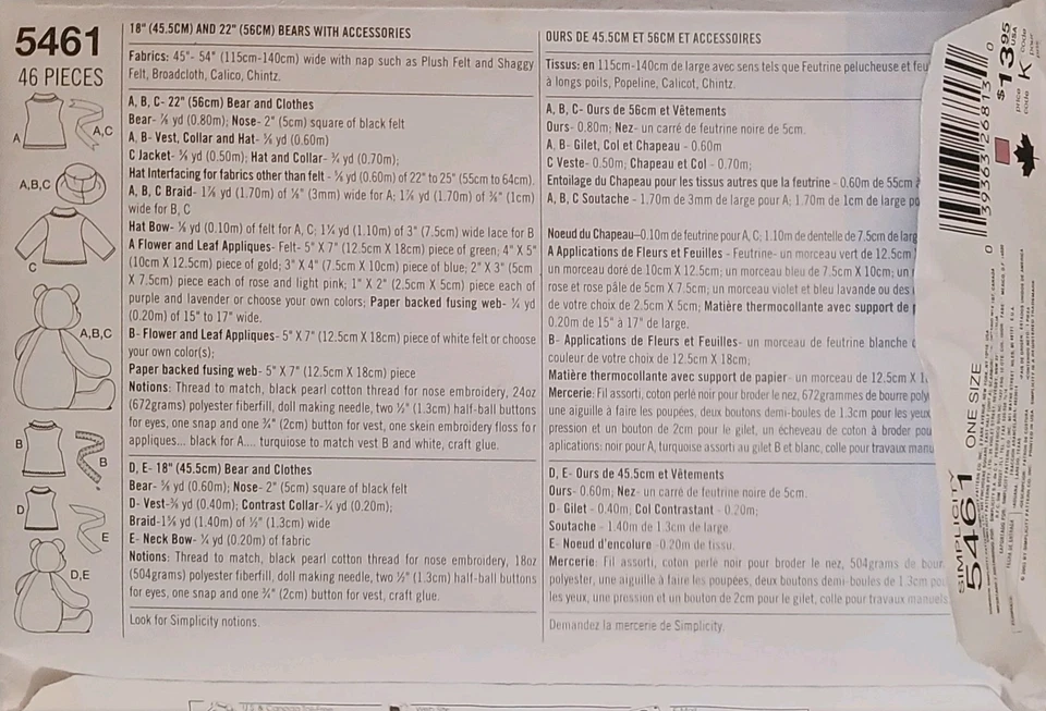 OOP Simplicity 5461 Teddy Bears and Accessories Sewing Pattern 18 inch 22 inch - Image 2 of 2