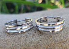 14k Solid White Gold Tri Medium Hoop Stud Earrings .95" ITALY Signed AND 3.1gram