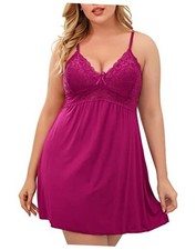 Plus Size Lingerie for Women Lace Modal Chemises Nightgown V 4X-Large Rose Red