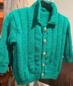 child's sweater, Italian fine wool,  hand-knit, green, wooden buttons