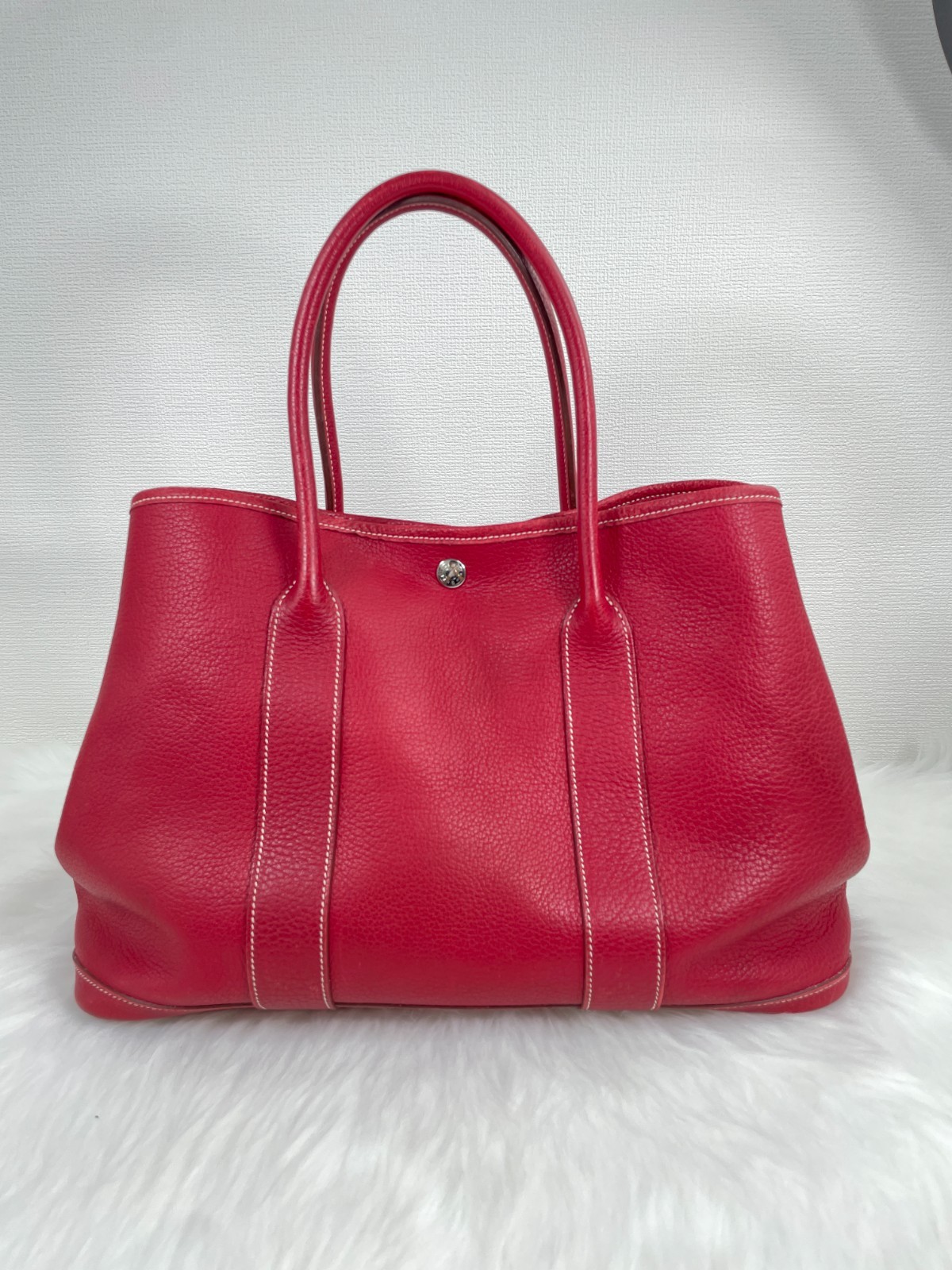 Hermes Garden Party Tote Bag Red Leather Authen