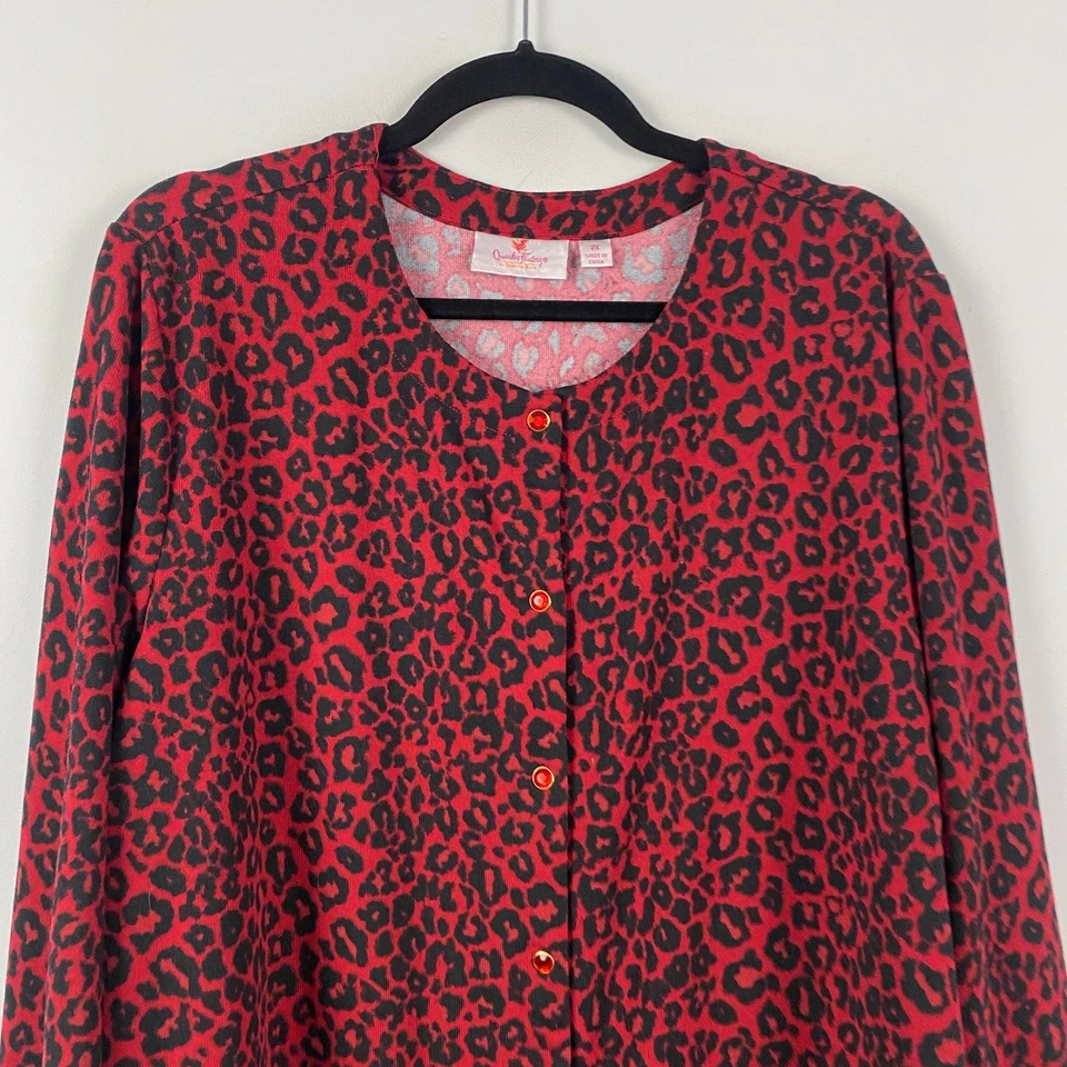 Quacker Factory Red Soft Knit Animal Print Cardigan 2X w/ Rhinestone Snap - Image 2 of 4