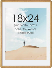 Solid Oak 18x24 Picture Frame with Mat for 16x20, Wall Display, HD Glass