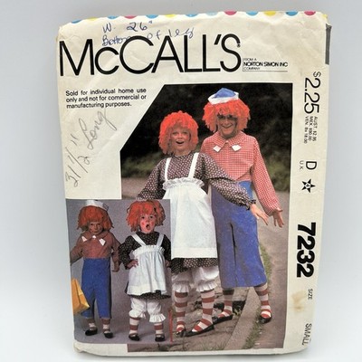 McCalls Pattern #7232 Raggedy Ann and Andy Costume Size Small (misses or mens)
