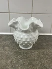 Fenton Hobnail Milk Glass Rose Bowl Vase White Ruffled Rim 4.5” Vintage VGC