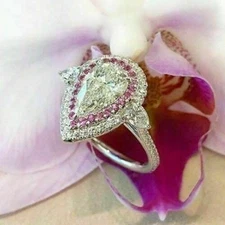 2.35Ct Pear Lab-Created Diamond Double Halo 3Stone Engagement Ring 14K Whit Gold