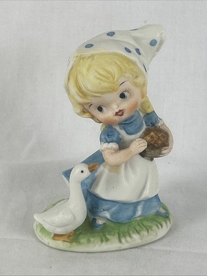 Homco Figurine Girl Feeding Duck Goose Blue Dress 3'' Porcelain Vintage