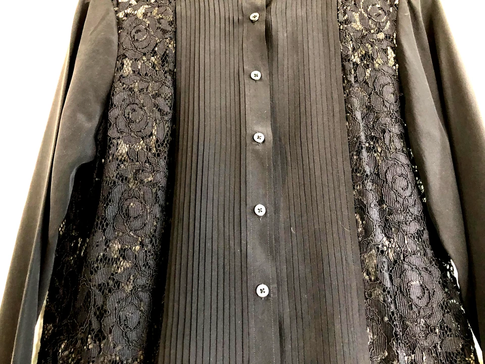 EQUIPMENT Sz Medium Black Silk Lace Tuxedo Blouse Sheer Lace Back & Front Sides - Image 4 of 4