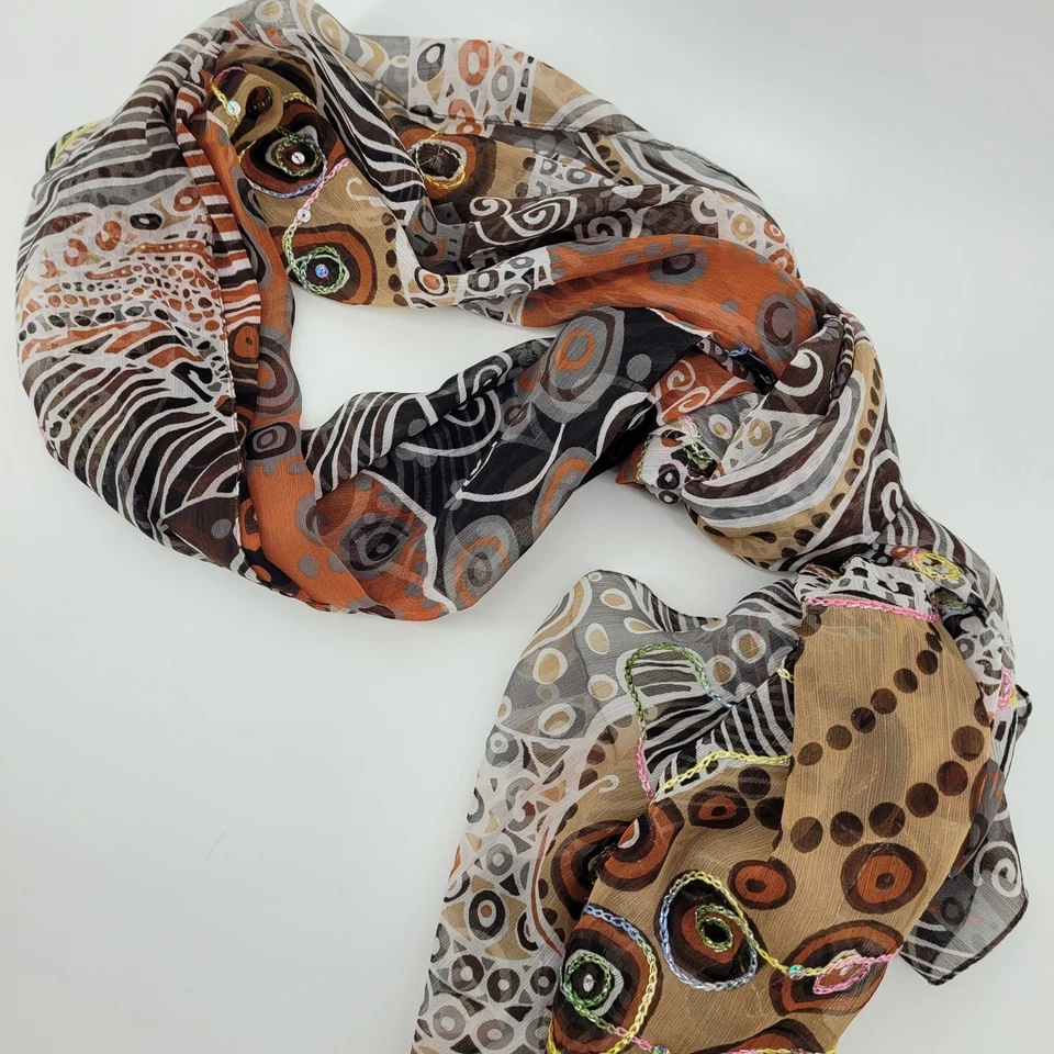 Acessório de moda transparente estampa abstrata cachecol enfeitado marrom laranja branco - Imagem 4 de 4