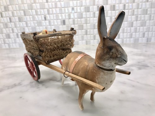 Antique German Easter Rabbit Pulling Cart With Eggs And Chickadee - Picture 10 of 10