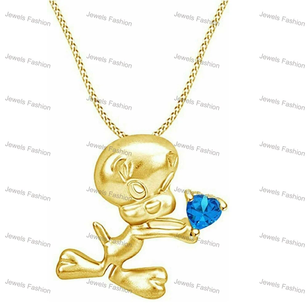 1Ct Simulated Blue Topaz Tweety Bird Pendant Necklace Yellow Gold Plated Silver