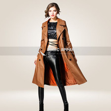 Women Leather Trench Coat, Genuine Leather Cow Plain Coat, Leather Long Coat