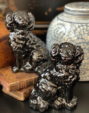Stunning 19C Black Jackfield English Staffordshire Spaniel Mantle Dog Pair 7.25