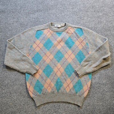 Vintage Brian MacNeil Sweater Mens Large Gray Argyle Shetland Wool Casual Career