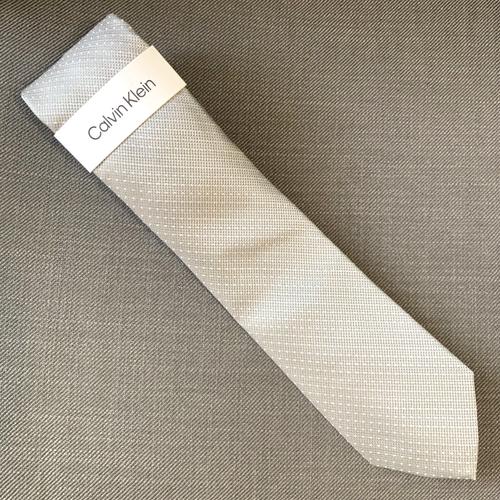 Calvin Klein Men's Neck Tie Beige Solid Grid Silk Blend MSRP $69.50