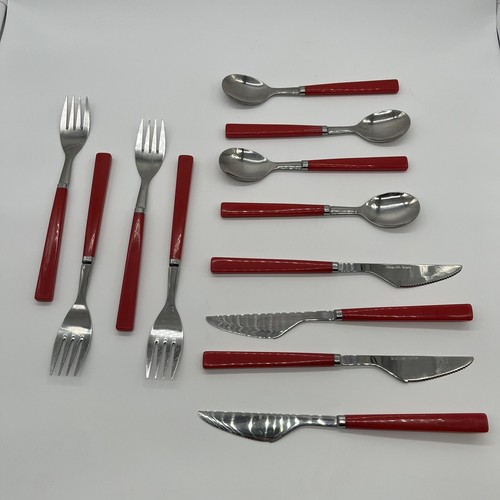 Juego de 12 cubiertos vintage con mango de plástico rojo de acero inoxidable Taiwán