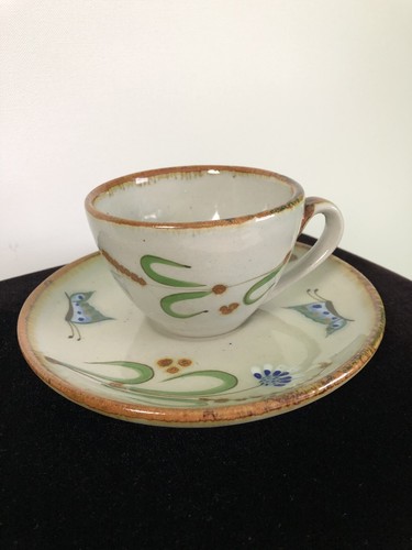 Vtg TONALA ERANDI COFFEE CUP SAUCER Set BLUE BUTTERFLY NATURAL FLORAL MEXICO - Picture 7 of 7