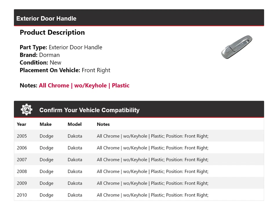 Передняя правая наружная дверная ручка для Dodge Dakota Dorman 2005-2010 годов выпуска 2006 2007 годов выпуска - Изображение 2 из 4