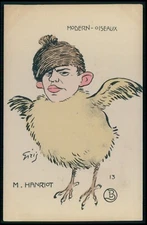 art Giris aviator Hanriot bird caricature original old 1910s France postcard