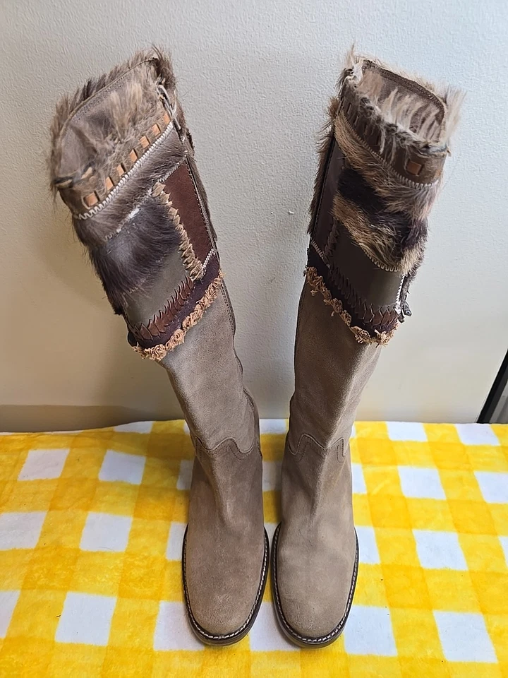 Botas Apepazza Ninfa para mujer 10 cuero gamuza tostado cuña boho tribal retazos Foto 3 de 4