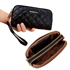 Womens Leather Travel Double Zip Wristlet Wallet Cell Phone Purse with Card Case