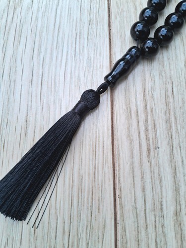 Natural Black Agate Round Ornament Islamic Prayer Beads 33 Large 12mm Tasbih - Picture 7 of 10