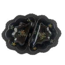 VTG Moriage Black Redware Divided Relish Candy Trinket Dish W/ Dot Flowers Japan