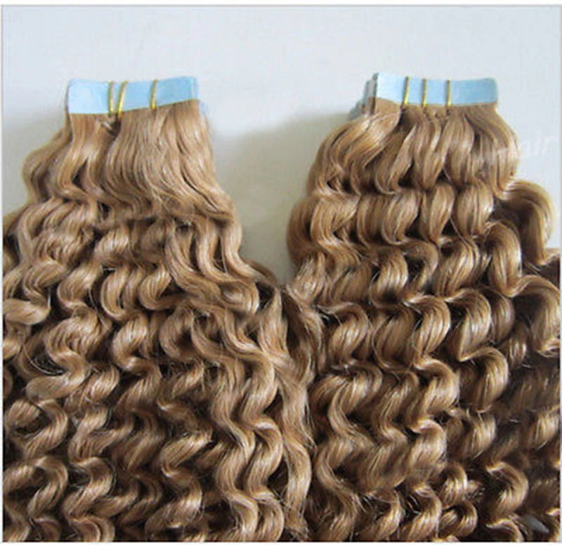 Cinta suelta rizada extensiones de cabello 100 % humano cinta de PU en pieza de cabello 20 un./50G Foto 3 de 4