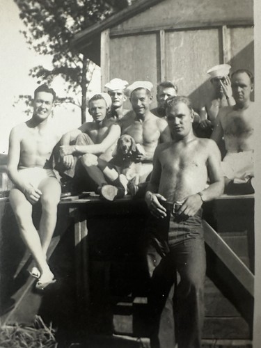Shirtless Navy Sailor W Dog in Military Photo 1940s 3-1/2x4-1/2 Snapshot Photo - Picture 2 of 2