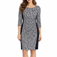 Ralph Lauren Black Ivory Geometric Colorblock Stretch Ruched 3/4 Sleeve Dress 2