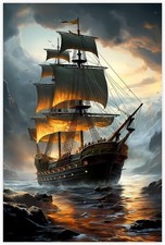 Fantasy Sailing Ship Wall Art Nautical Canvas Poster Ocean Decor Print
