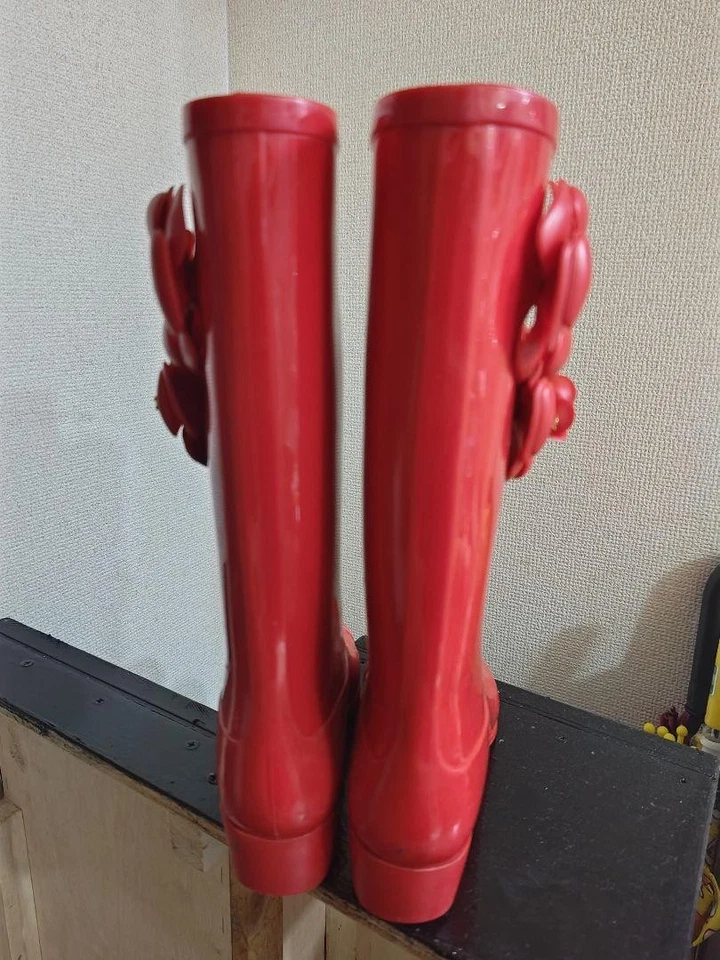 CHANEL Camellia Rain Long Boot Shoes size 35 Red 23.5cm Rare No Box Used Japan - Image 2 of 4