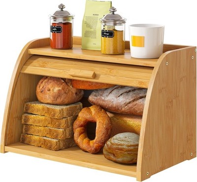 Bread Box for Kitchen Countertop Large Bamboo Wood Wooden Corner Storage