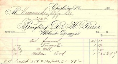 1890s Dr. H. Baer Charleston SC Wholesale Druggist Billhead
