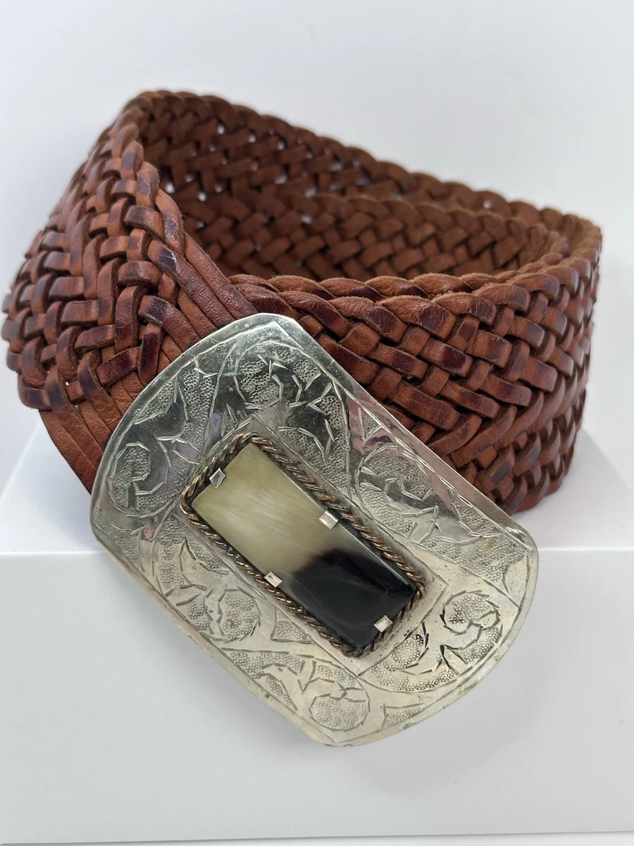 Dairi Brown Womens L Woven Leather Belt Oversized Etched Metal Buckle Wide Boho Dairi Belts – Cottonways main image 4