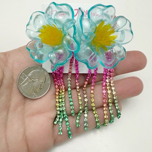 Betsey Johnson Oversized Aqua Jelly Flower Bloom Rhinestone Dangle Earrings NEW - Picture 3 of 7