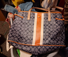 Coach Signature Logo Stripe Large Tote Zip Closure w/ Detachable Strap Blue9i