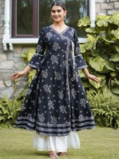 Indian Women Black Rayon Golden Printed Angrakha A-Line Kurta Kurti Long Dress