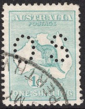 1/- GREEN KANGAROO FIRST WATERMARK PERF SMALL "OS" - FINE USED (A32137)