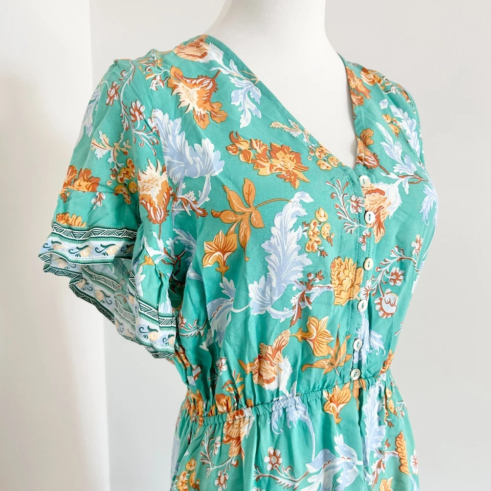 Abel The Label Midi Dress Size S Green Boho Floral Elastic Waist Shell Buttons - image 3 of 4