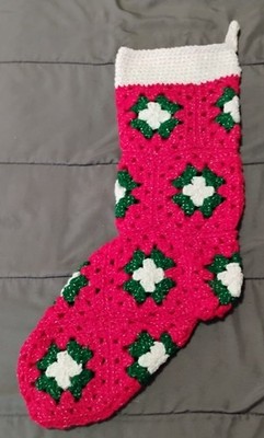 Crocheted Granny Square 22'' Christmas Stocking Red, Green and White Sparkle New