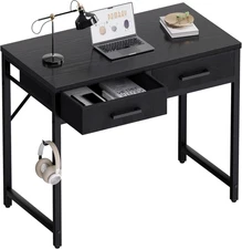 Small Computer Desk Black 32 Inch with 2 Drawers Table for Office Home Bedroom