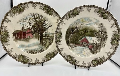 Johnson Bros Friendly Village ~ 2 Dinner Plates ~ Covered Bridge ~ Autumn Mists