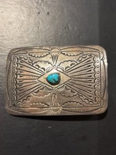 Vintage Native American Sterling Silver w/ Turquoise Belt Buckle Signed: WD