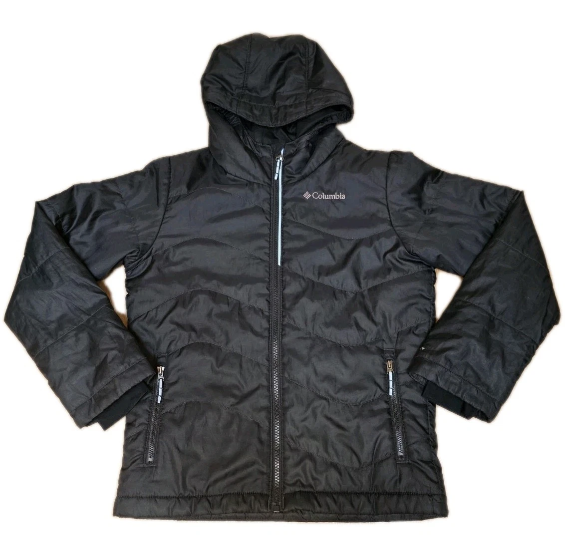 Columbia Omni-Heat Hooded Puffer Jacket Youth Medium 10/12 Black Reflective Coat